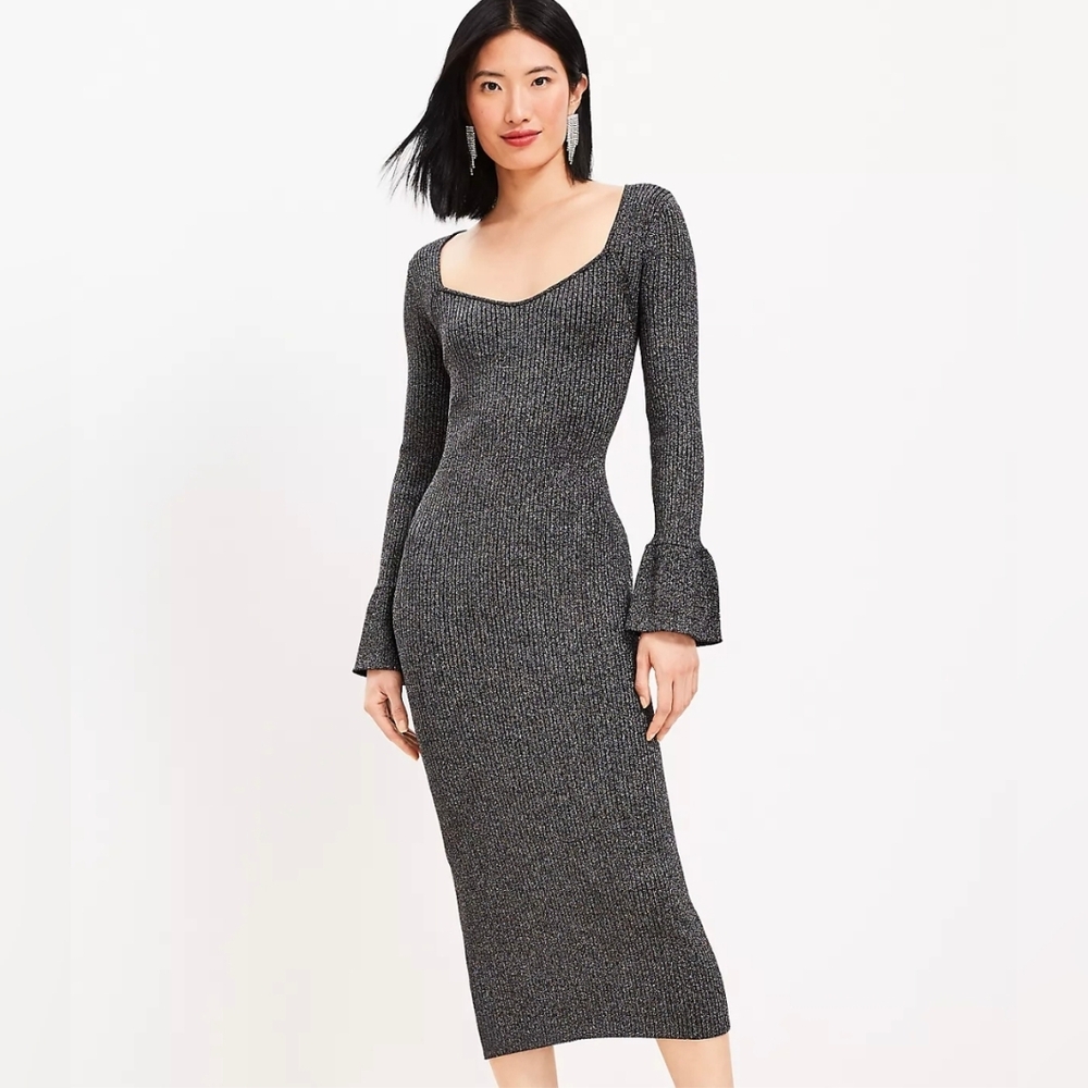 NWT - LOFT Blk/Slv Metallic Stretch Ribbed Trumpet Sleeve Midi Sweater Dress - L